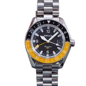 Borealis Estoril 300 GMT Black Dial Arabic Numbers Date Yellow Bezel Version A